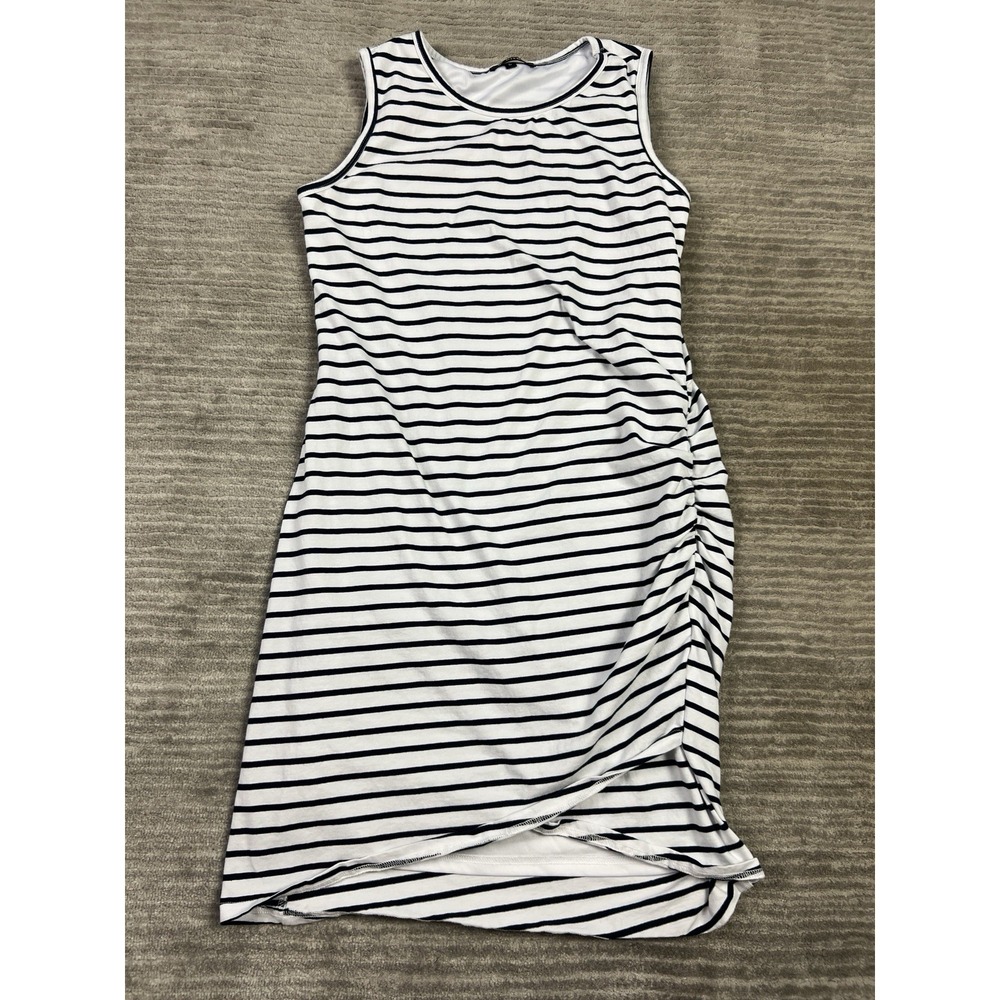 Striped Sleeveless Side-Ruch Midi Dress - White/Black